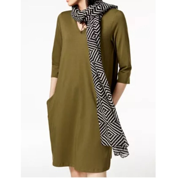 EILEEN FISHER Green Organic cotton Pocketed 3/4 Sleeve V Neck Shift Dress szPM - Picture 3 of 14